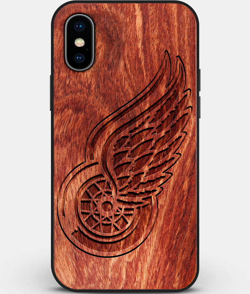 Custom Carved Wood Detroit Red Wings iPhone XS Max Case | Personalized Mahogany Wood Detroit Red Wings Cover, Birthday Gift, Gifts For Him, Monogrammed Gift For Fan | by Engraved In Nature