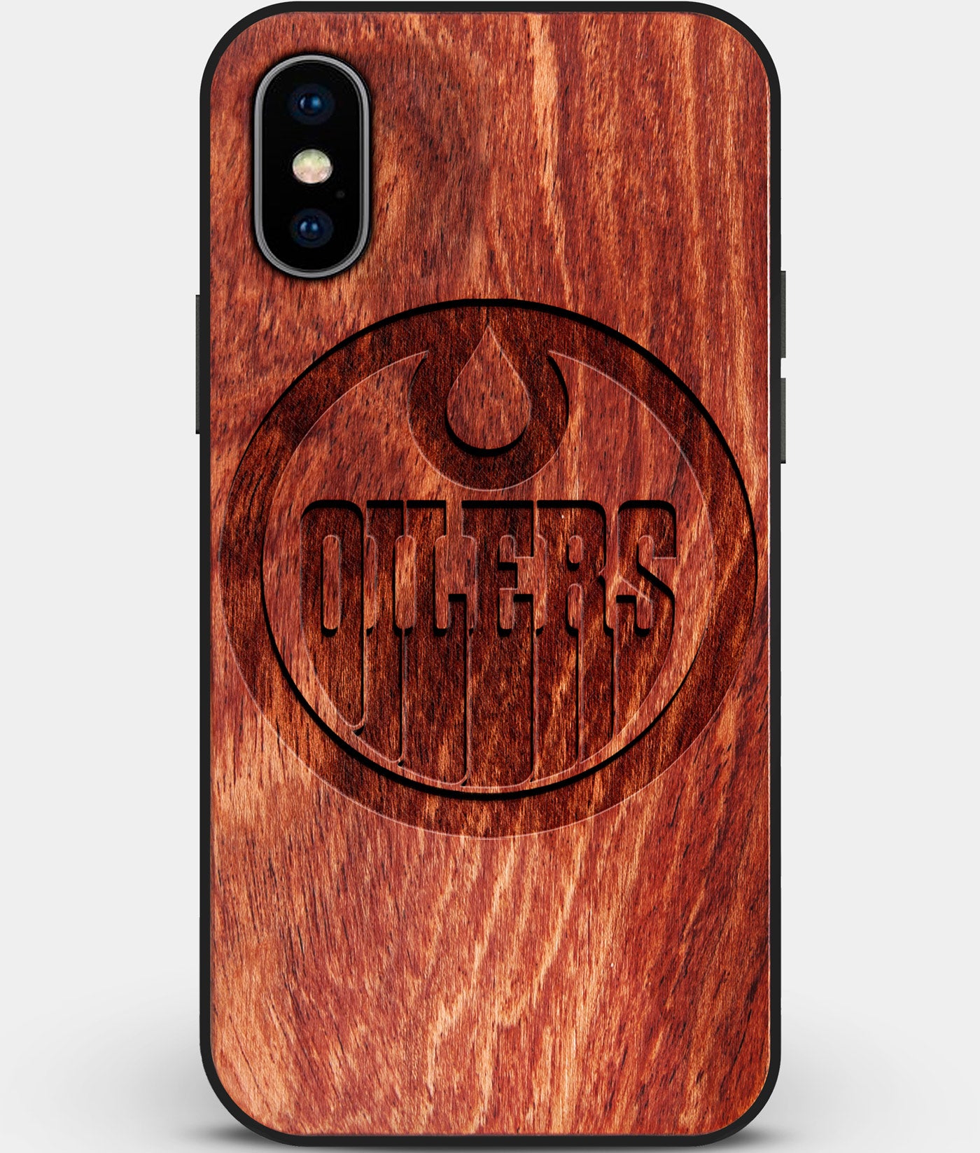 Custom Carved Wood Edmonton Oilers iPhone X/XS Case | Personalized Mahogany Wood Edmonton Oilers Cover, Birthday Gift, Gifts For Him, Monogrammed Gift For Fan | by Engraved In Nature