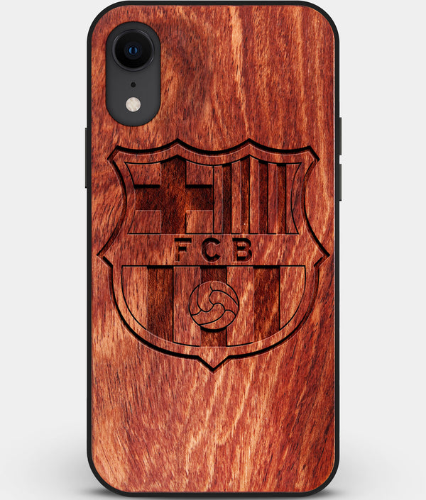 Custom Carved Wood FC Barcelona iPhone XR Case | Personalized Mahogany Wood FC Barcelona Cover, Birthday Gift, Gifts For Him, Monogrammed Gift For Fan | by Engraved In Nature