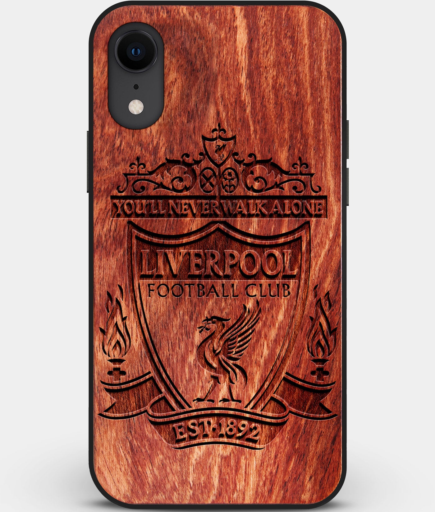 Custom Carved Wood Liverpool F.C. iPhone XR Case | Personalized Mahogany Wood Liverpool F.C. Cover, Birthday Gift, Gifts For Him, Monogrammed Gift For Fan | by Engraved In Nature