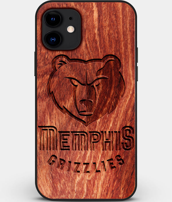 Custom Carved Wood Memphis Grizzlies iPhone 12 Case | Personalized Mahogany Wood Memphis Grizzlies Cover, Birthday Gift, Gifts For Him, Monogrammed Gift For Fan | by Engraved In Nature