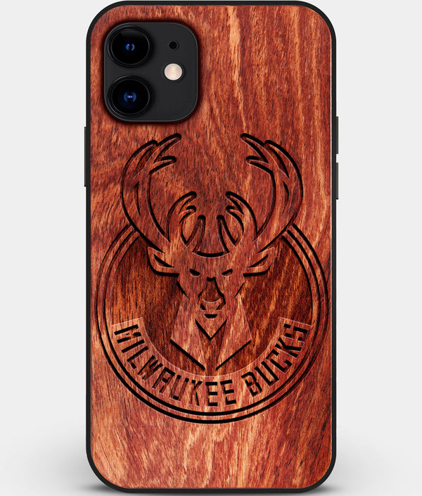 Custom Carved Wood Milwaukee Bucks iPhone 12 Case | Personalized Mahogany Wood Milwaukee Bucks Cover, Birthday Gift, Gifts For Him, Monogrammed Gift For Fan | by Engraved In Nature