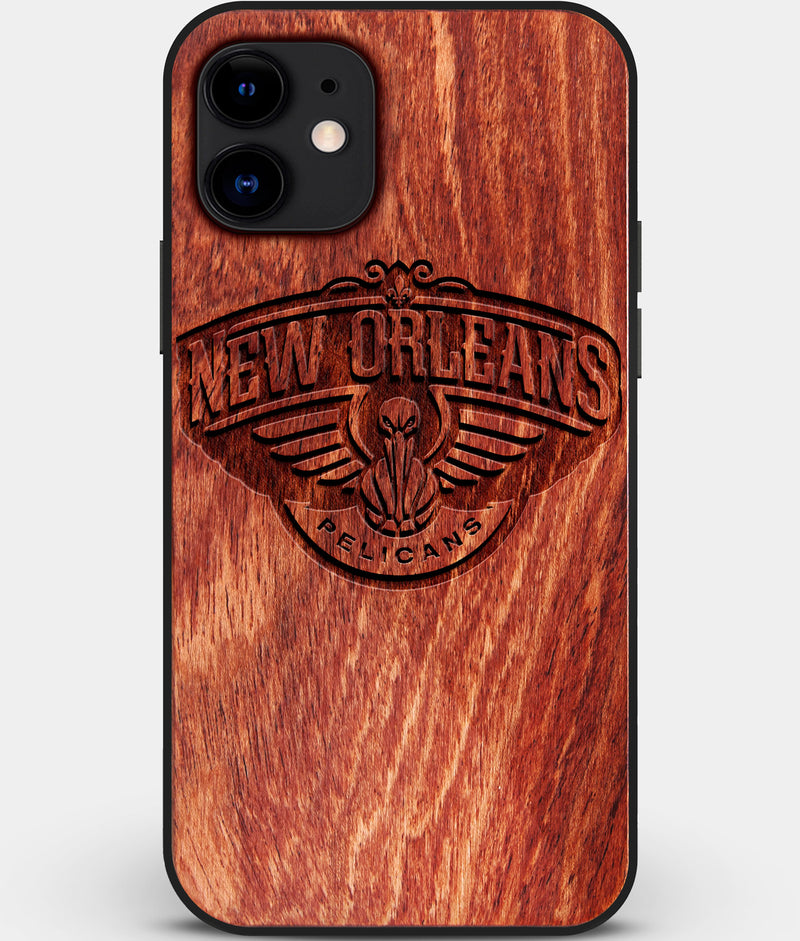 Custom Carved Wood New Orleans Pelicans iPhone 12 Case | Personalized Mahogany Wood New Orleans Pelicans Cover, Birthday Gift, Gifts For Him, Monogrammed Gift For Fan | by Engraved In Nature