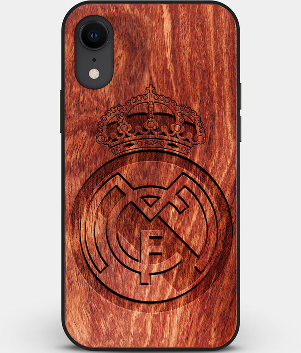 Custom Carved Wood Real Madrid C.F. iPhone XR Case | Personalized Mahogany Wood Real Madrid C.F. Cover, Birthday Gift, Gifts For Him, Monogrammed Gift For Fan | by Engraved In Nature