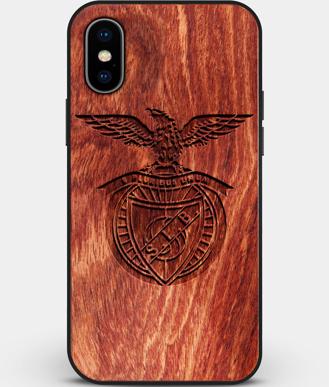 Custom Carved Wood S.L. Benfica iPhone X/XS Case | Personalized Mahogany Wood S.L. Benfica Cover, Birthday Gift, Gifts For Him, Monogrammed Gift For Fan | by Engraved In Nature