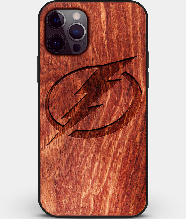 Custom Carved Wood Tampa Bay Lightning iPhone 12 Pro Case | Personalized Mahogany Wood Tampa Bay Lightning Cover, Birthday Gift, Gifts For Him, Monogrammed Gift For Fan | by Engraved In Nature