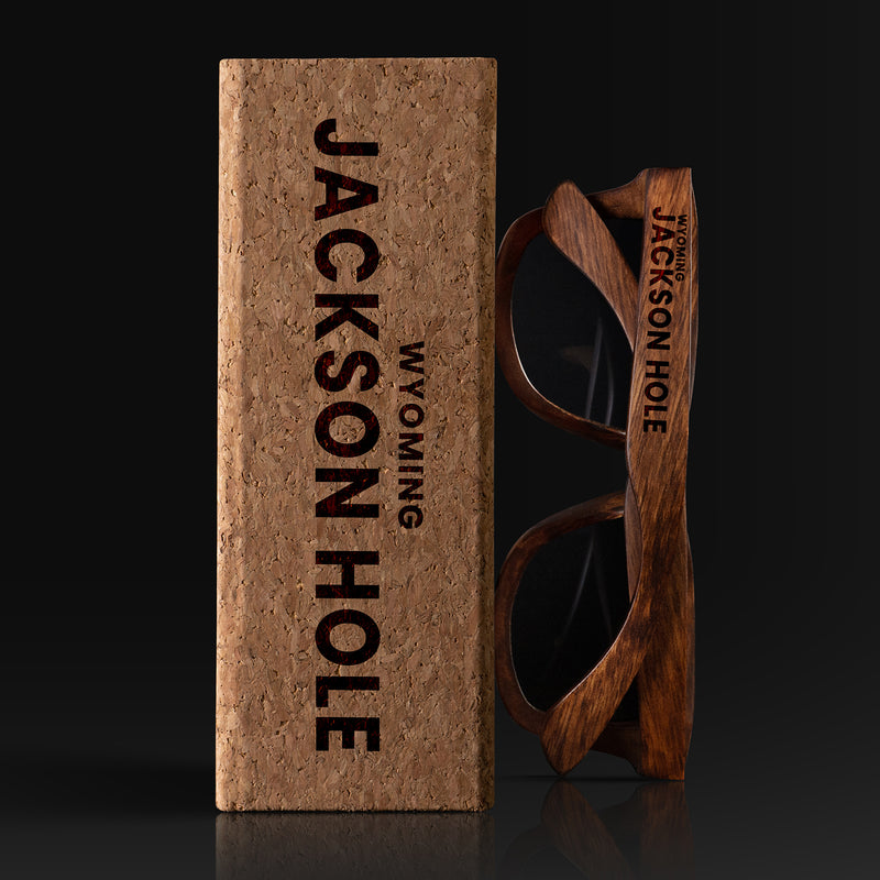 Jackson Hole Wyoming Wood Sunglasses with custom engraving. Custom Jackson Hole Wyoming Gifts For Men -  Sustainable Jackson Hole Wyoming eco friendly products - Personalized Jackson Hole Wyoming Birthday Gifts - Unique Jackson Hole Wyoming travel Souvenirs and gift shops. Jackson Hole Wyoming Wayfarer Eyewear and Shades wiith Box