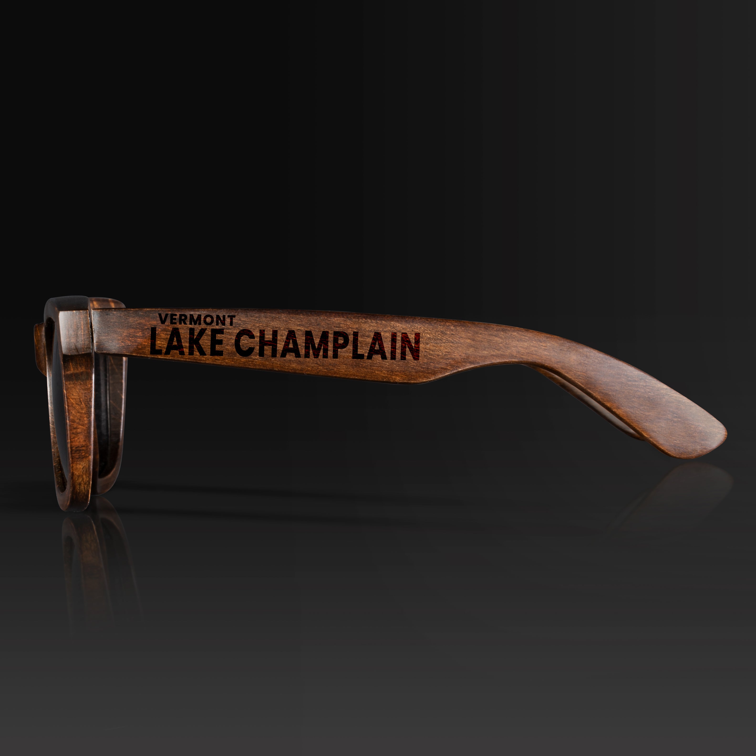 Lake Champlain Vermont Wood Sunglasses with custom engraving. Custom Lake Champlain Vermont Gifts For Men -  Sustainable Lake Champlain Vermont eco friendly products - Personalized Lake Champlain Vermont Birthday Gifts - Unique Lake Champlain Vermont travel Souvenirs and gift shops. Lake Champlain Vermont Wayfarer Eyewear and Shades Side