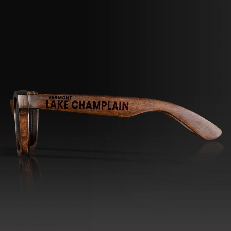 Lake Champlain Vermont Wood Sunglasses with custom engraving. Custom Lake Champlain Vermont Gifts For Men -  Sustainable Lake Champlain Vermont eco friendly products - Personalized Lake Champlain Vermont Birthday Gifts - Unique Lake Champlain Vermont travel Souvenirs and gift shops. Lake Champlain Vermont Wayfarer Eyewear and Shades Side