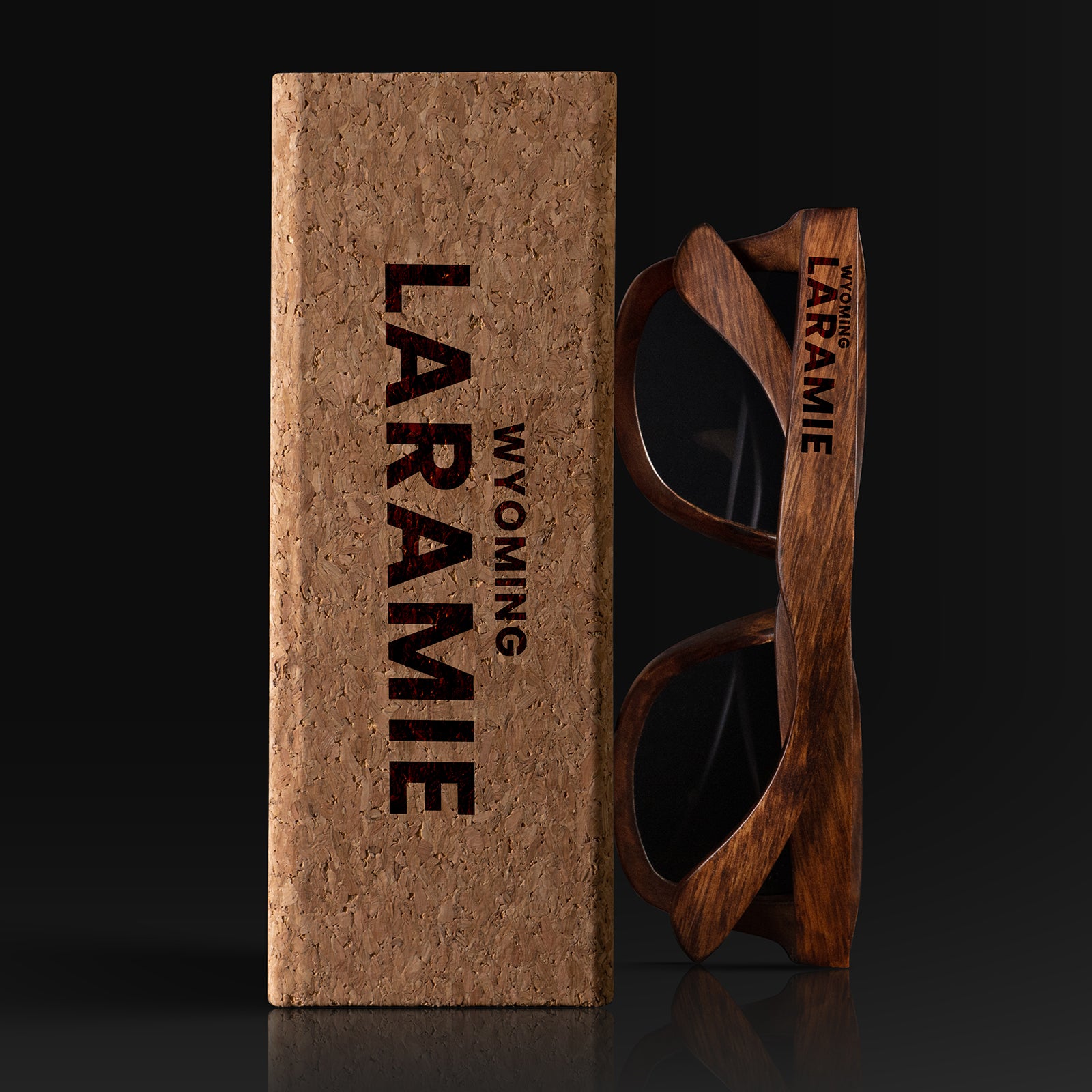 Laramie Wyoming Wood Sunglasses with custom engraving. Custom Laramie Wyoming Gifts For Men -  Sustainable Laramie Wyoming eco friendly products - Personalized Laramie Wyoming Birthday Gifts - Unique Laramie Wyoming travel Souvenirs and gift shops. Laramie Wyoming Wayfarer Eyewear and Shades wiith Box