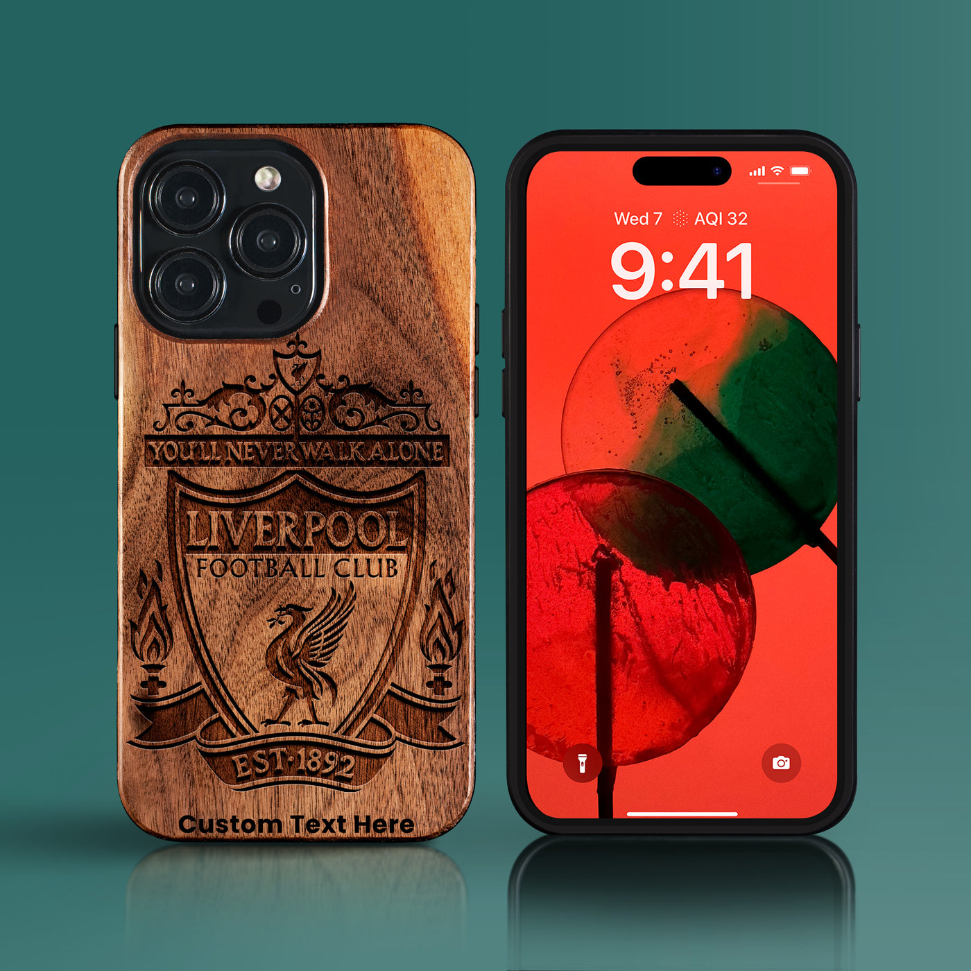 Custom Liverpool F.C. iPhone 15/15 Pro/15 Pro Max/15 Plus Case - Carved Wood Liverpool FC Cover