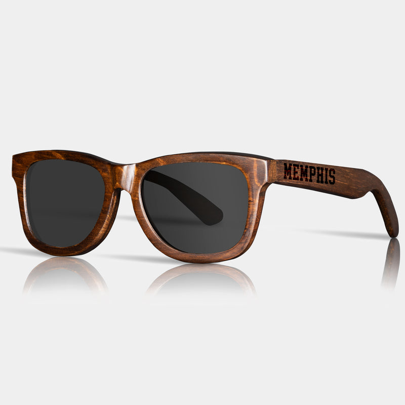 Memphis III Tennessee Wood Sunglasses with custom engraving. Custom Memphis III Tennessee Gifts For Men -  Sustainable Memphis III Tennessee eco friendly products - Personalized Memphis III Tennessee Birthday Gifts - Unique Memphis III Tennessee travel Souvenirs and gift shops. Memphis III Tennessee Wayfarer Eyewear and Shades Front View