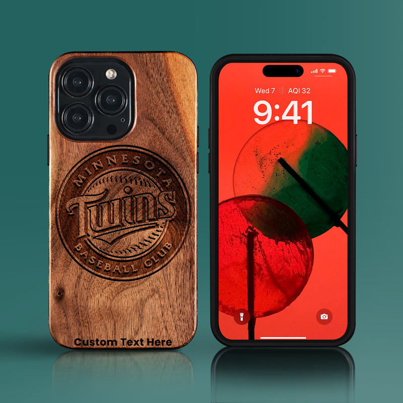 Custom Minnesota Twins iPhone 15/15 Pro/15 Pro Max/15 Plus Case - Carved Wood Twins Cover