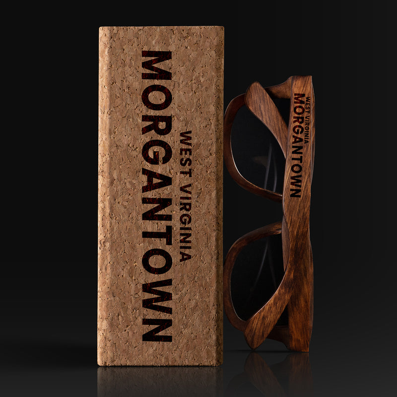 Morgantown West Virginia Wood Sunglasses with custom engraving. Custom Morgantown West Virginia Gifts For Men -  Sustainable Morgantown West Virginia eco friendly products - Personalized Morgantown West Virginia Birthday Gifts - Unique Morgantown West Virginia travel Souvenirs and gift shops. Morgantown West Virginia Wayfarer Eyewear and Shades wiith Box