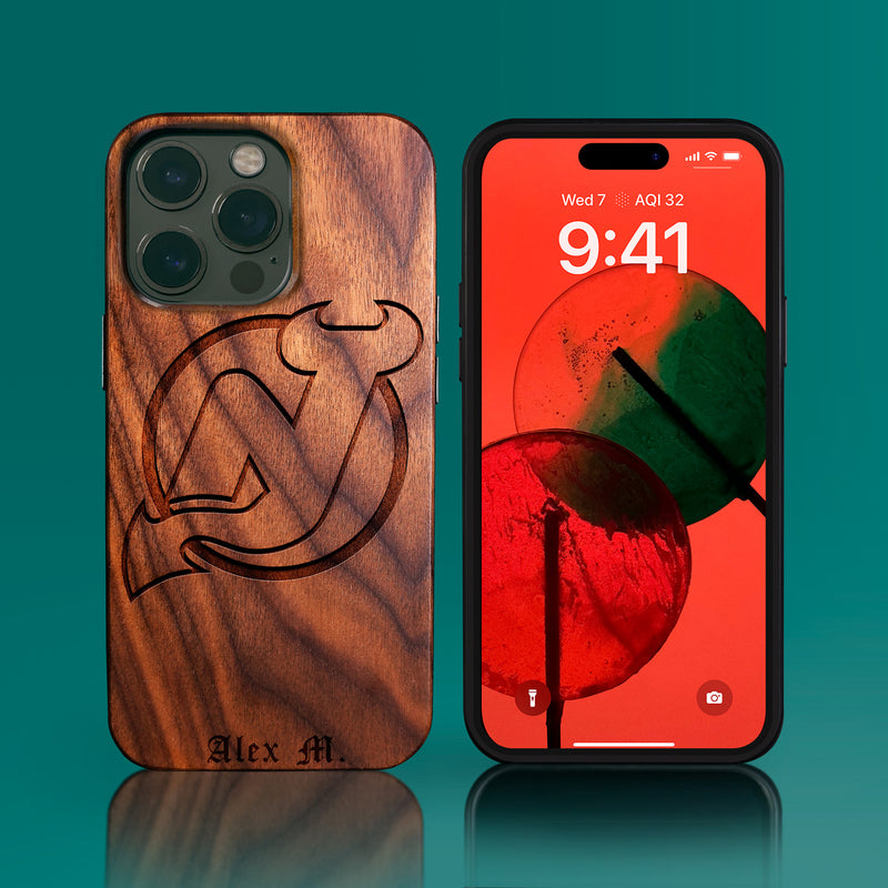 Custom New Jersey Devils iPhone 14/14 Pro/14 Pro Max/14 Plus Case - Carved Wood Devils Cover