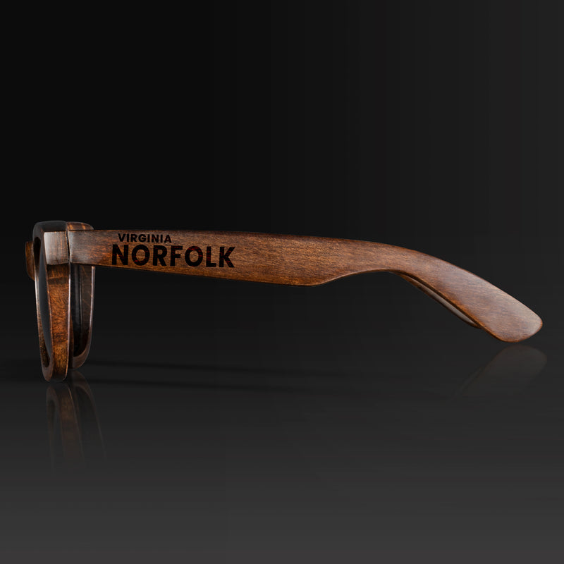 Norfolk Virginia Wood Sunglasses with custom engraving. Custom Norfolk Virginia Gifts For Men -  Sustainable Norfolk Virginia eco friendly products - Personalized Norfolk Virginia Birthday Gifts - Unique Norfolk Virginia travel Souvenirs and gift shops. Norfolk Virginia Wayfarer Eyewear and Shades Side