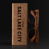 Salt Lake City Utah Wood Sunglasses with custom engraving. Custom Salt Lake City Utah Gifts For Men -  Sustainable Salt Lake City Utah eco friendly products - Personalized Salt Lake City Utah Birthday Gifts - Unique Salt Lake City Utah travel Souvenirs and gift shops. Salt Lake City Utah Wayfarer Eyewear and Shades wiith Box