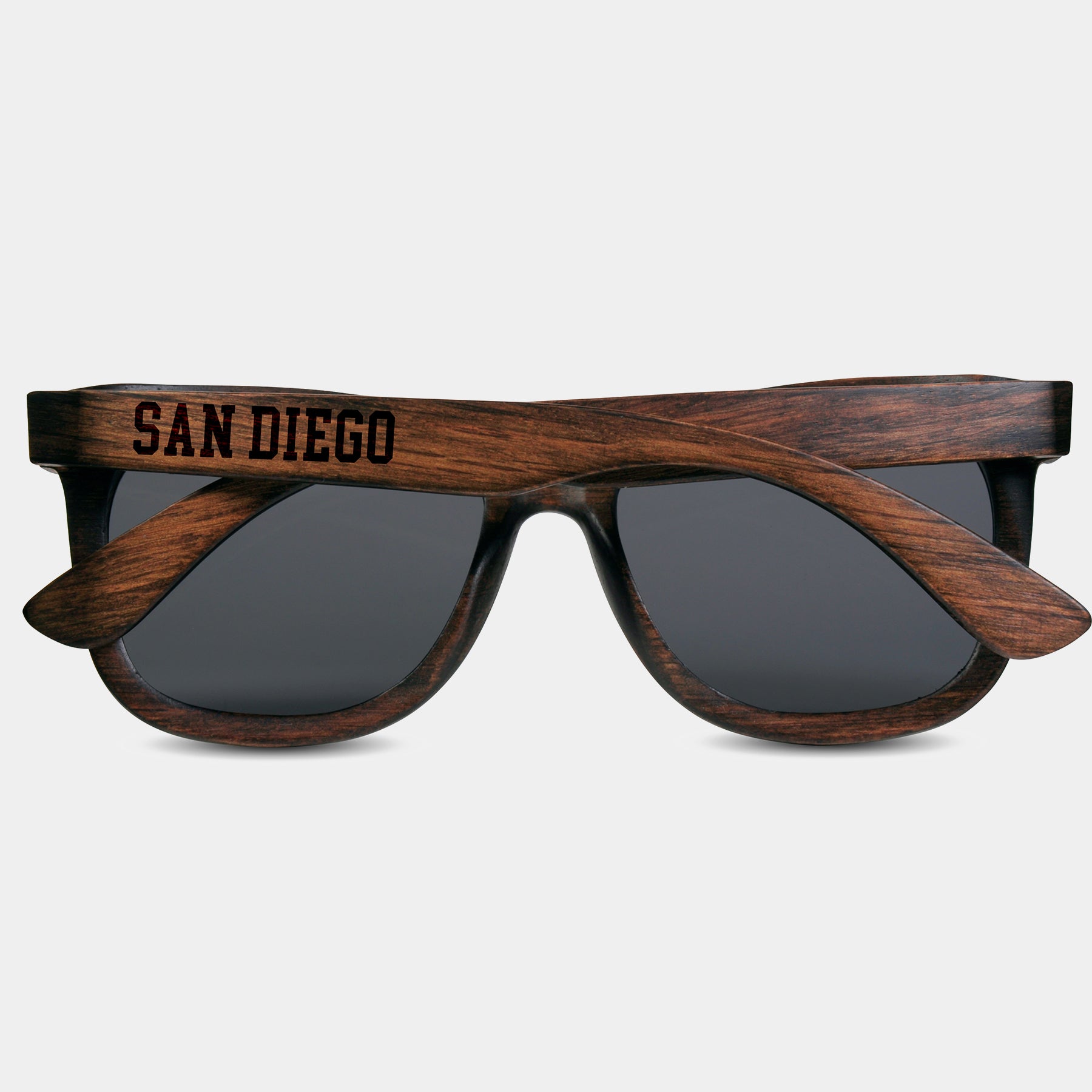 San Diego California II Wood Sunglasses with custom engraving.  Add Your Custom Engraving On The Right Side. San Diego California II Custom Gifts For Men - San Diego California II Sustainable Wayfarer Eyewear and Shades Front View