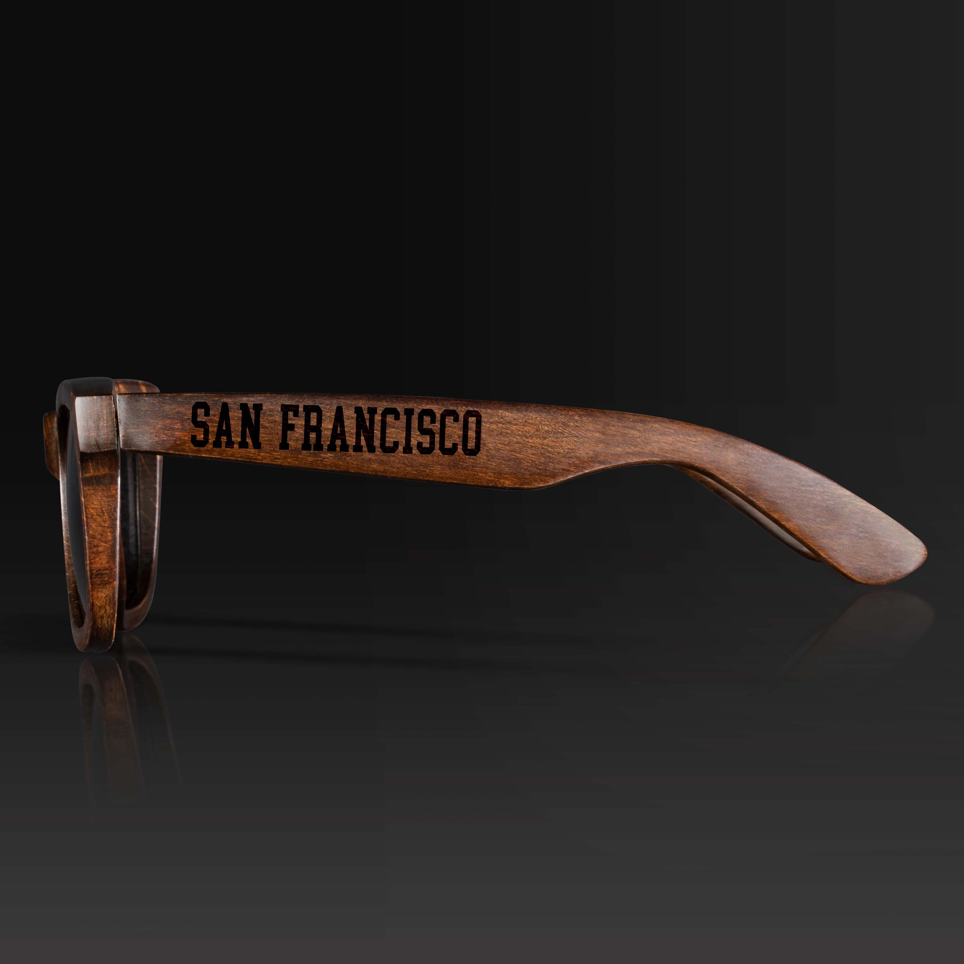 San Francisco California II Wood Sunglasses with custom engraving. Custom San Francisco California II Gifts For Men -  Sustainable San Francisco California II eco friendly products - Personalized San Francisco California II Birthday Gifts - Unique San Francisco California II travel Souvenirs and gift shops. San Francisco California II Wayfarer Eyewear and Shades Side