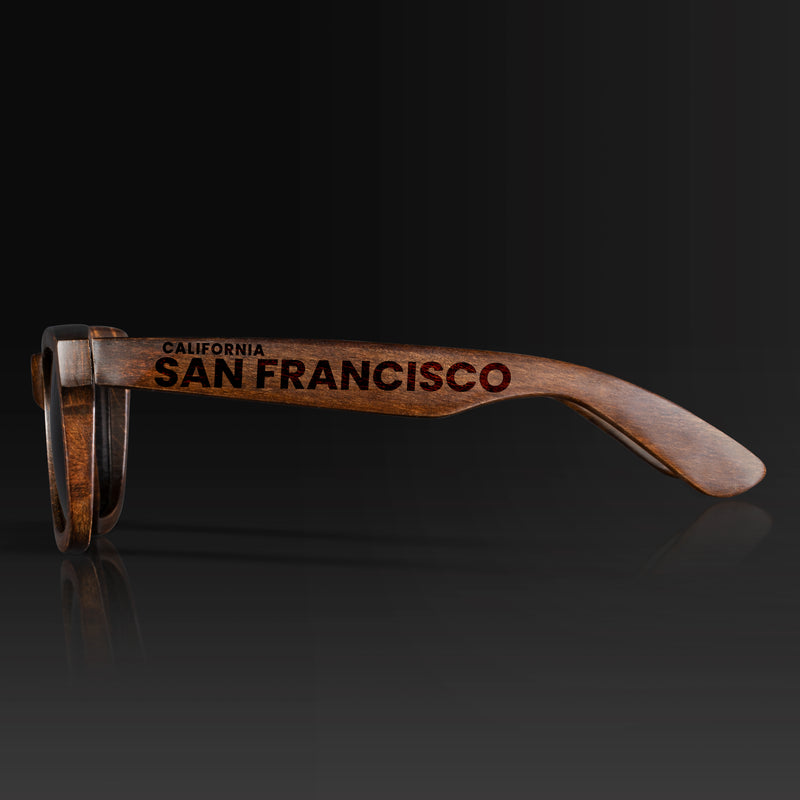 San Francisco California III Wood Sunglasses with custom engraving. Custom San Francisco California III Gifts For Men -  Sustainable San Francisco California III eco friendly products - Personalized San Francisco California III Birthday Gifts - Unique San Francisco California III travel Souvenirs and gift shops. San Francisco California III Wayfarer Eyewear and Shades Side