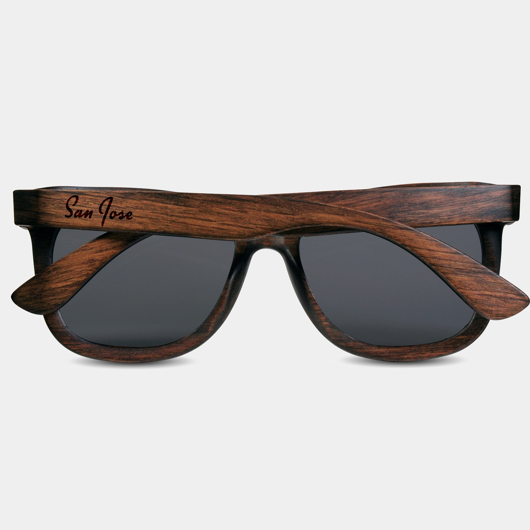 San Jose California II Wood Sunglasses with custom engraving.  Add Your Custom Engraving On The Right Side. San Jose California II Custom Gifts For Men - San Jose California II Sustainable Wayfarer Eyewear and Shades Front View