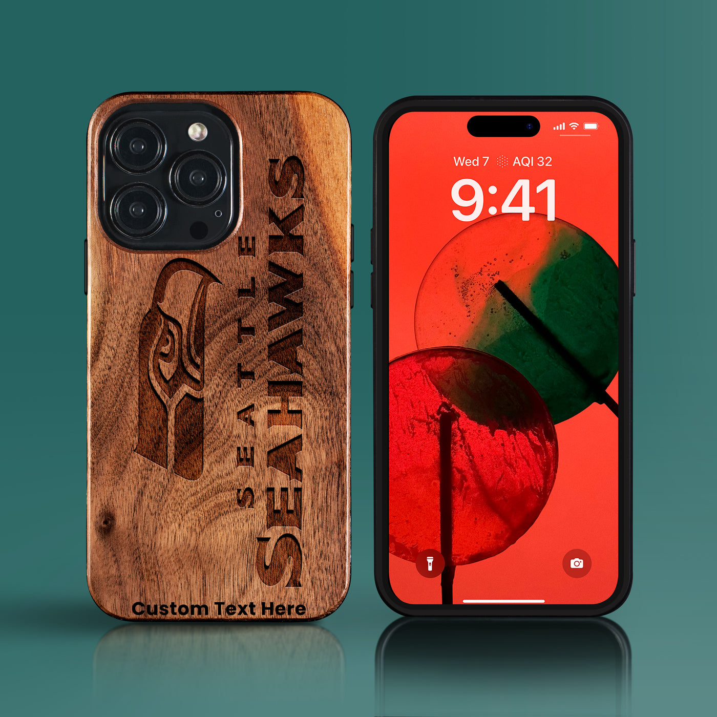 Custom Seattle Seahawks iPhone 15/15 Pro/15 Pro Max/15 Plus Case - Carved Wood Seahawks Cover