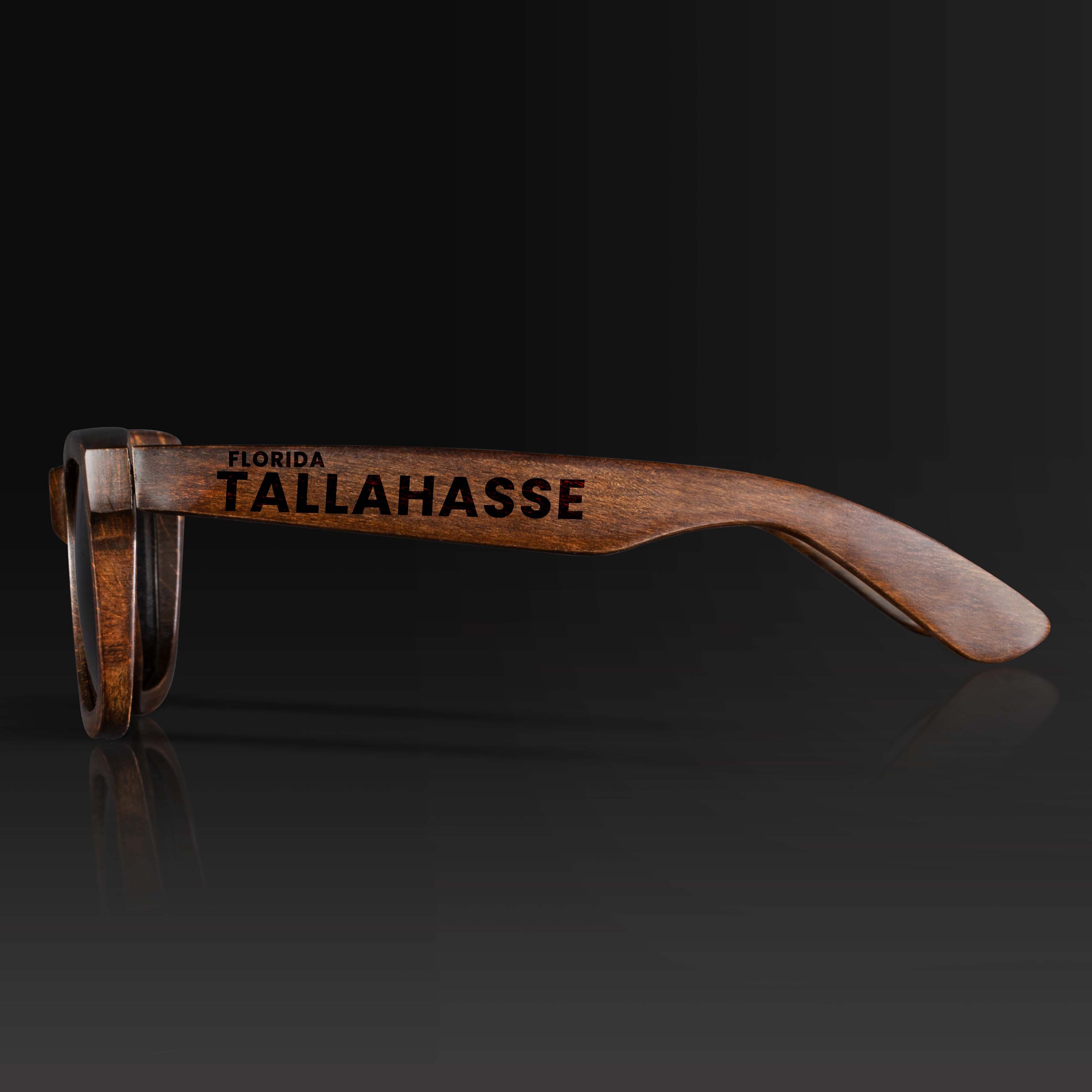 Tallahassee Florida Wood Sunglasses with custom engraving. Custom Tallahassee Florida Gifts For Men -  Sustainable Tallahassee Florida eco friendly products - Personalized Tallahassee Florida Birthday Gifts - Unique Tallahassee Florida travel Souvenirs and gift shops. Tallahassee Florida Wayfarer Eyewear and Shades Side