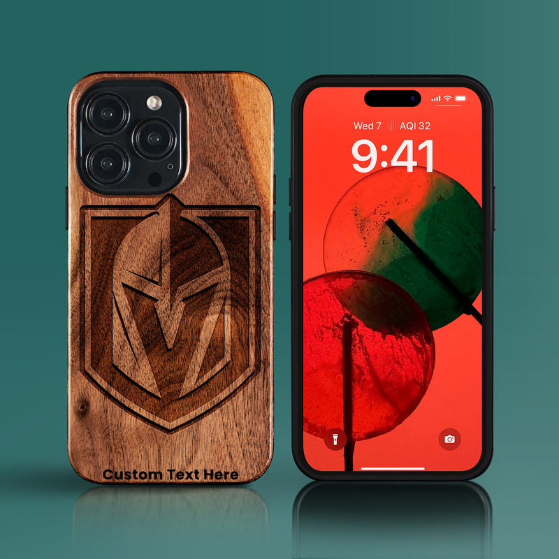 Custom Vegas Golden Knights iPhone 15/15 Pro/15 Pro Max/15 Plus Case - Carved Wood Golden Knights Cover