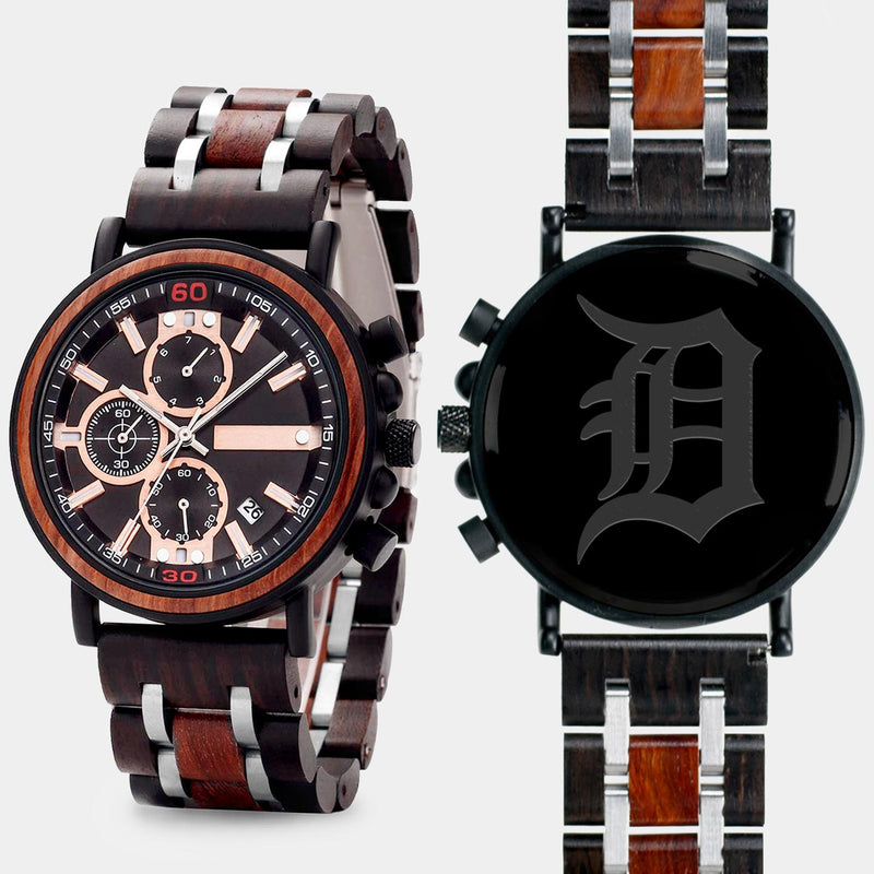 Detroit Tigers Mens Wrist Watch  - Personalized Detroit Tigers Mens Watches - Custom Gifts For Him, Birthday Gifts, Gift For Dad - Best 2022 Detroit Tigers Christmas Gifts - Black 45mm MLB Wood Watch - By Engraved In Nature