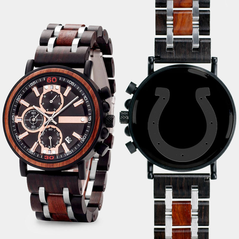 Indianapolis Colts Mens Wrist Watch  - Personalized Indianapolis Colts Mens Watches - Custom Gifts For Him, Birthday Gifts, Gift For Dad - Best 2022 Indianapolis Colts Christmas Gifts - Black 45mm NFL Wood Watch - By Engraved In Nature