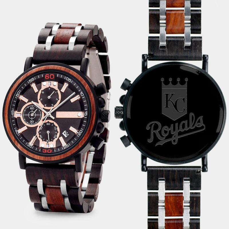 Kansas City Royals Mens Wrist Watch  - Personalized Kansas City Royals Mens Watches - Custom Gifts For Him, Birthday Gifts, Gift For Dad - Best 2022 Kansas City Royals Christmas Gifts - Black 45mm MLB Wood Watch - By Engraved In Nature