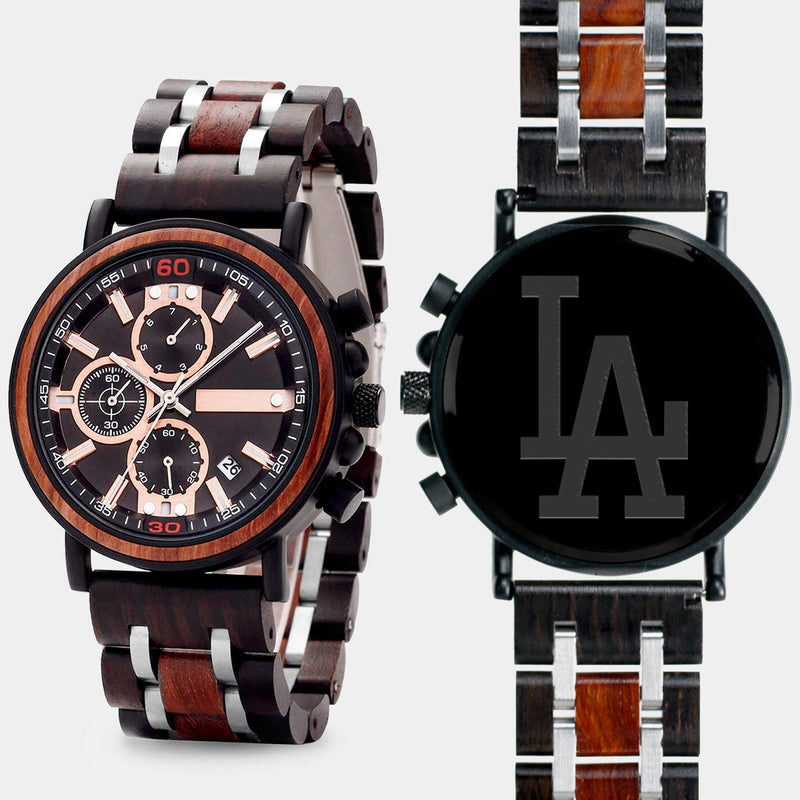 Los Angeles Dodgers Classic Mens Wrist Watch  - Personalized Los Angeles Dodgers Classic Mens Watches - Custom Gifts For Him, Birthday Gifts, Gift For Dad - Best 2022 Los Angeles Dodgers Classic Christmas Gifts - Black 45mm MLB Wood Watch - By Engraved In Nature