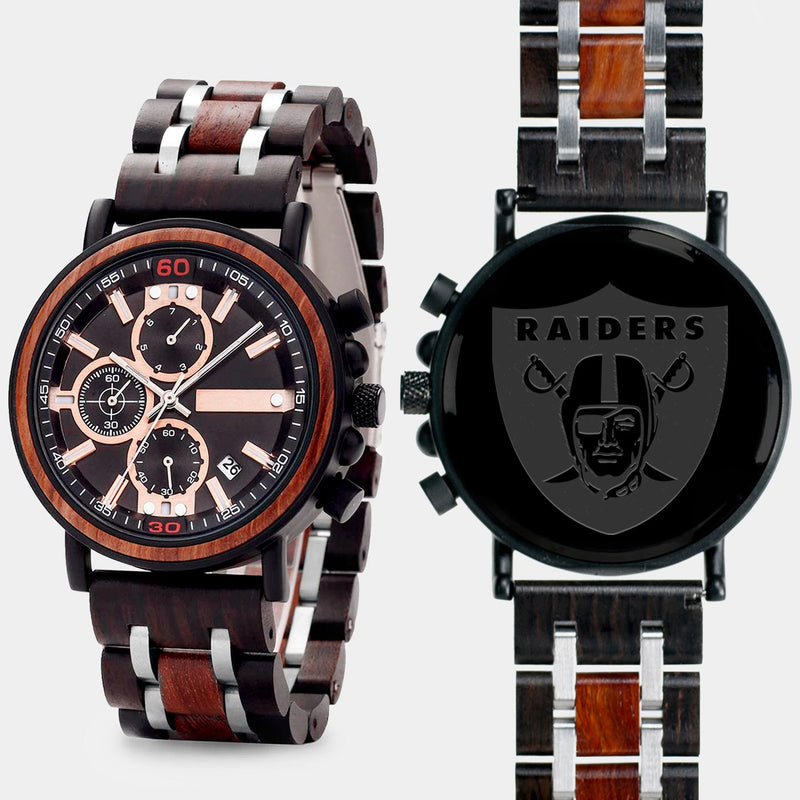 Las Vegas Raiders Mens Wrist Watch  - Personalized Las Vegas Raiders Mens Watches - Custom Gifts For Him, Birthday Gifts, Gift For Dad - Best 2022 Las Vegas Raiders Christmas Gifts - Black 45mm NFL Wood Watch - By Engraved In Nature