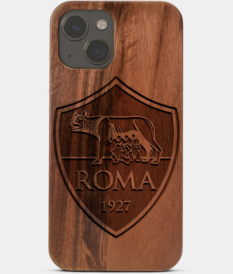 Carved Wood A.S. Roma iPhone 13 Case | Custom A.S. Roma Gift, Birthday Gift | Personalized Mahogany Wood Cover, Gifts For Him, Monogrammed Gift For Fan | by Engraved In Nature