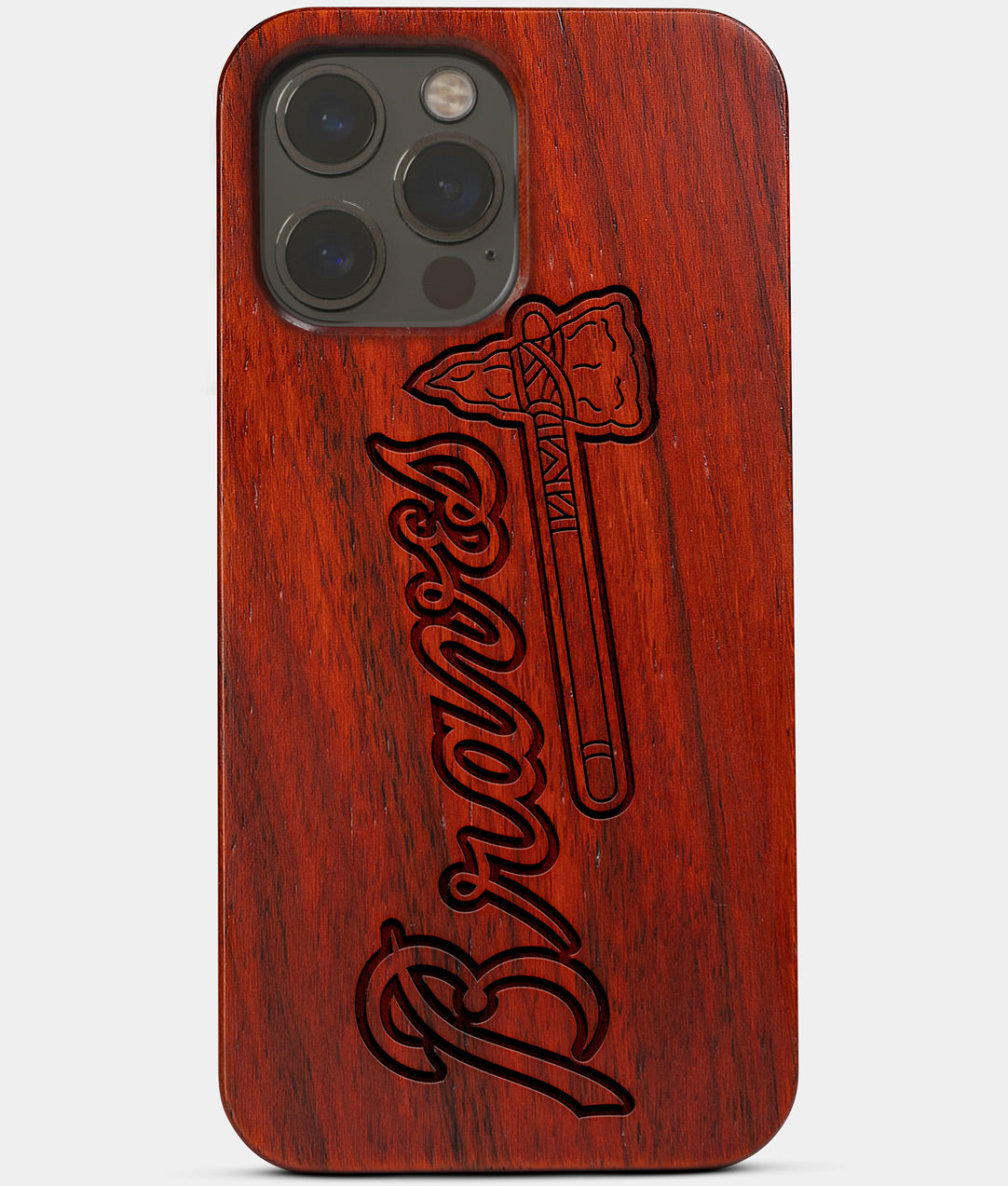 Carved Wood Atlanta Braves iPhone 13 Pro Case | Custom Atlanta Braves Gift, Birthday Gift | Personalized Mahogany Wood Cover, Gifts For Him, Monogrammed Gift For Fan | by Engraved In Nature