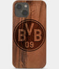 Carved Wood Borussia Dortmund iPhone 13 Case | Custom Borussia Dortmund Gift, Birthday Gift | Personalized Mahogany Wood Cover, Gifts For Him, Monogrammed Gift For Fan | by Engraved In Nature