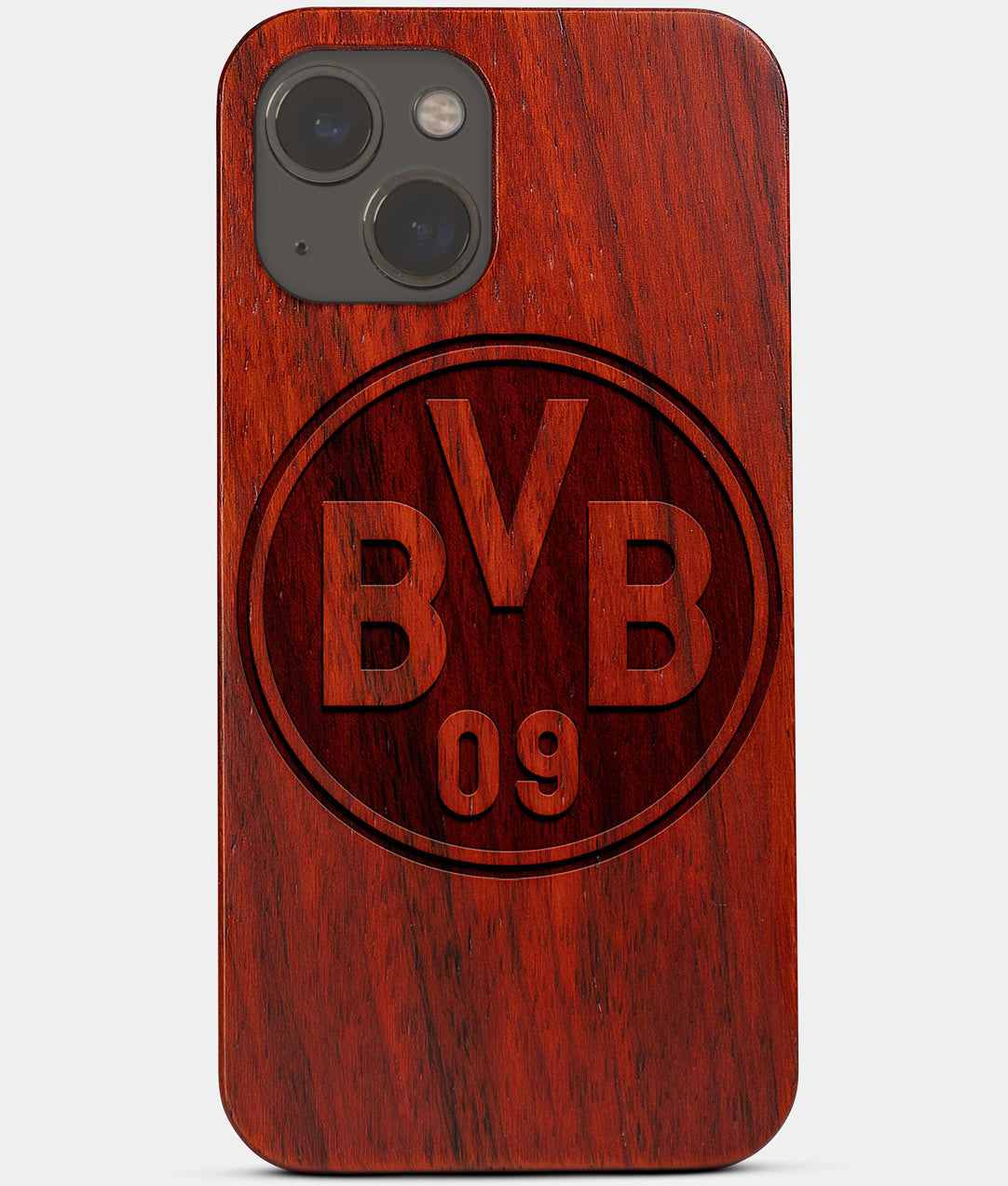 Carved Wood Borussia Dortmund iPhone 13 Mini Case | Custom Borussia Dortmund Gift, Birthday Gift | Personalized Mahogany Wood Cover, Gifts For Him, Monogrammed Gift For Fan | by Engraved In Nature