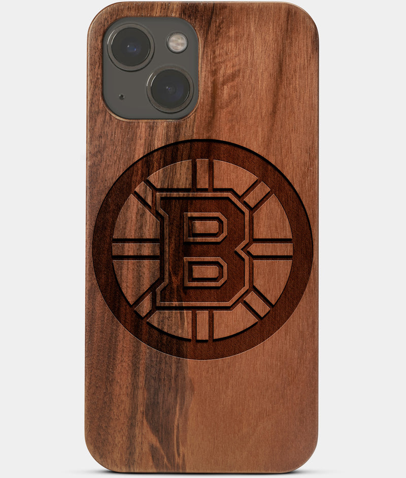 Carved Wood Boston Bruins iPhone 13 Mini Case | Custom Boston Bruins Gift, Birthday Gift | Personalized Mahogany Wood Cover, Gifts For Him, Monogrammed Gift For Fan | by Engraved In Nature