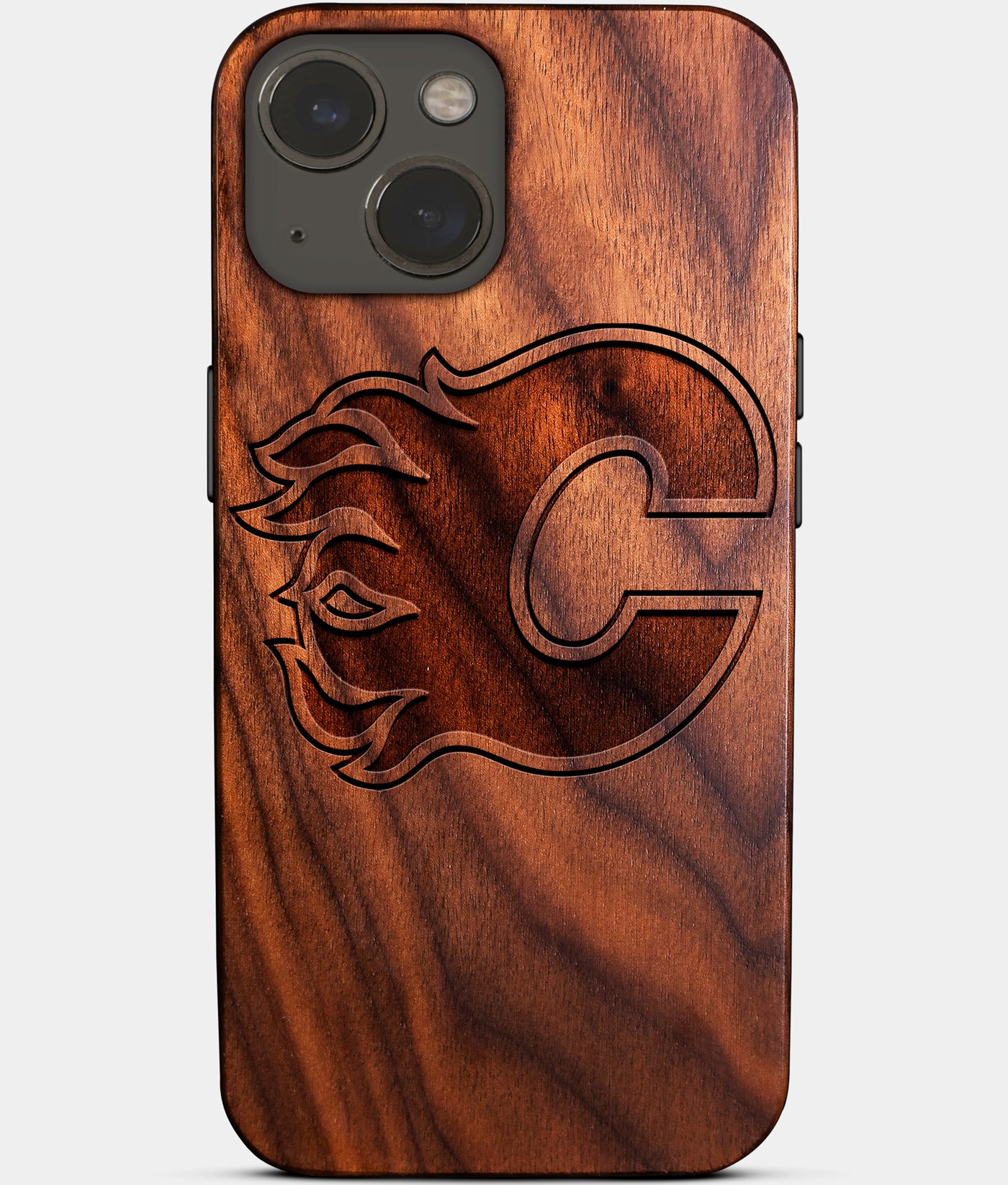 Eco-friendly Calgary Flames iPhone 14 Case - Carved Wood Custom Calgary Flames Gift For Him - Monogrammed Personalized iPhone 14 Cover By Engraved In Nature