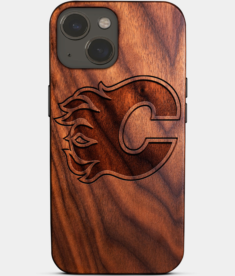 Eco-friendly Calgary Flames iPhone 14 Case - Carved Wood Custom Calgary Flames Gift For Him - Monogrammed Personalized iPhone 14 Cover By Engraved In Nature