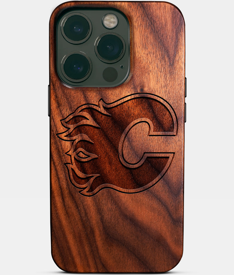 Eco-friendly Calgary Flames iPhone 14 Pro Case - Carved Wood Custom Calgary Flames Gift For Him - Monogrammed Personalized iPhone 14 Pro Cover By Engraved In Nature