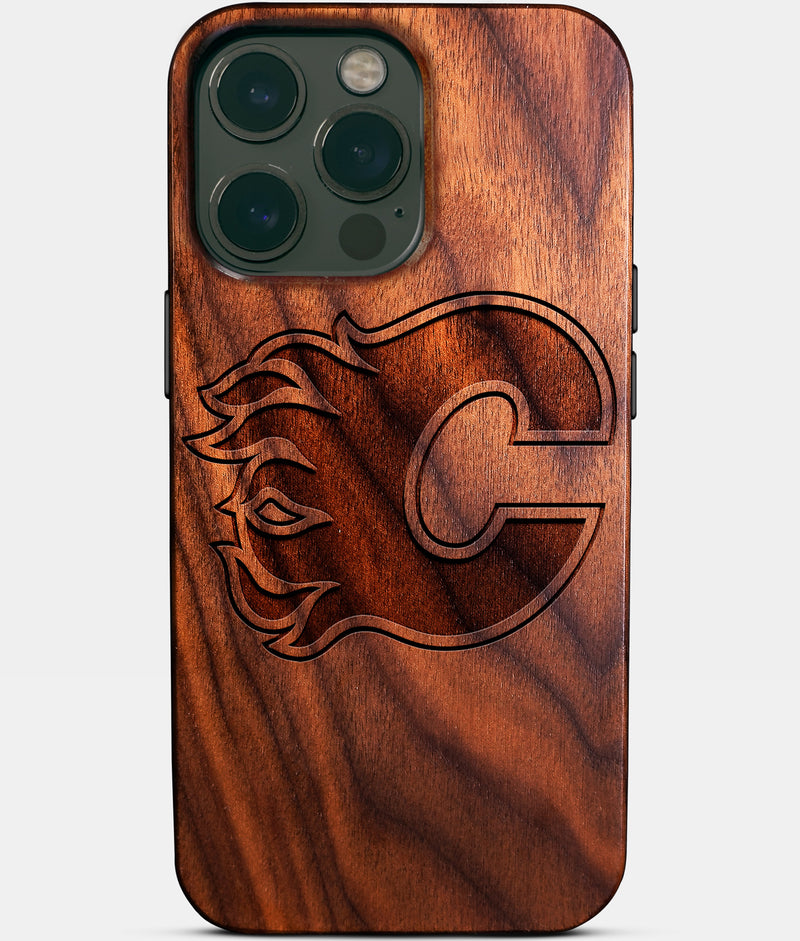 Eco-friendly Calgary Flames iPhone 14 Pro Max Case - Carved Wood Custom Calgary Flames Gift For Him - Monogrammed Personalized iPhone 14 Pro Max Cover By Engraved In Nature