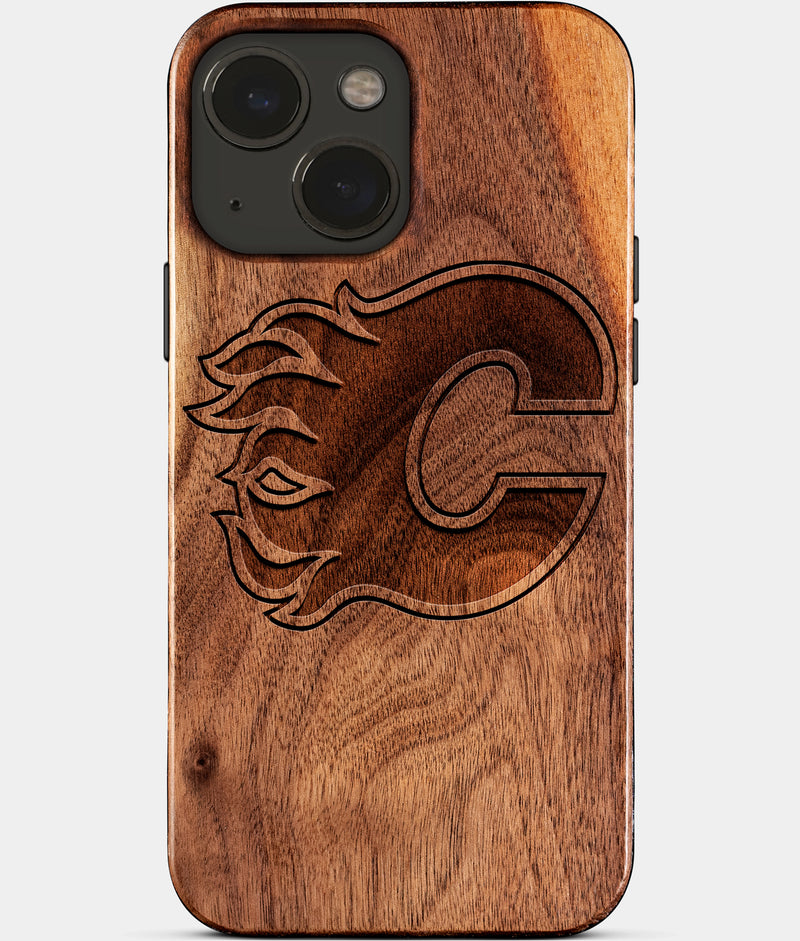 Eco-friendly Calgary Flames iPhone 15 Case - Carved Wood Custom Calgary Flames Gift For Him - Monogrammed Personalized iPhone 15 Cover By Engraved In Nature