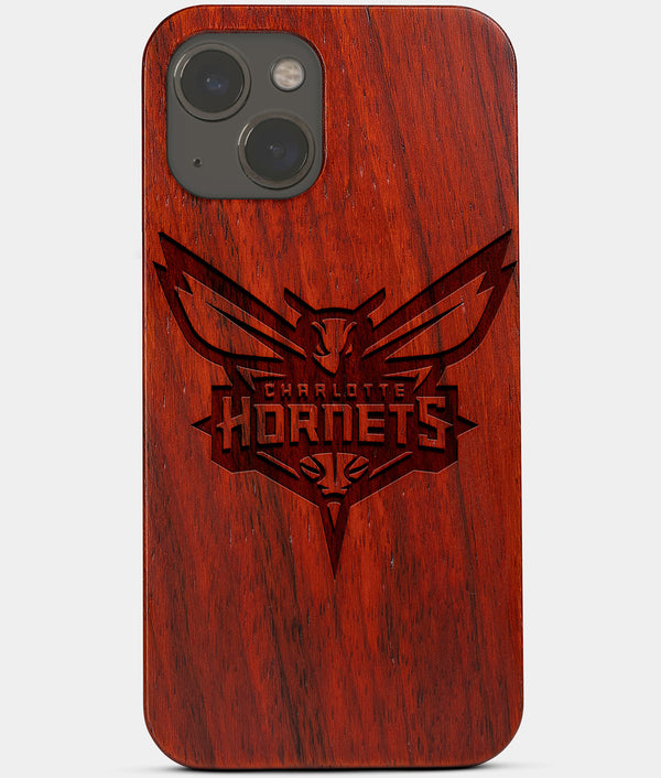 Carved Wood Charlotte Hornets iPhone 13 Case | Custom Charlotte Hornets Gift, Birthday Gift | Personalized Mahogany Wood Cover, Gifts For Him, Monogrammed Gift For Fan | by Engraved In Nature