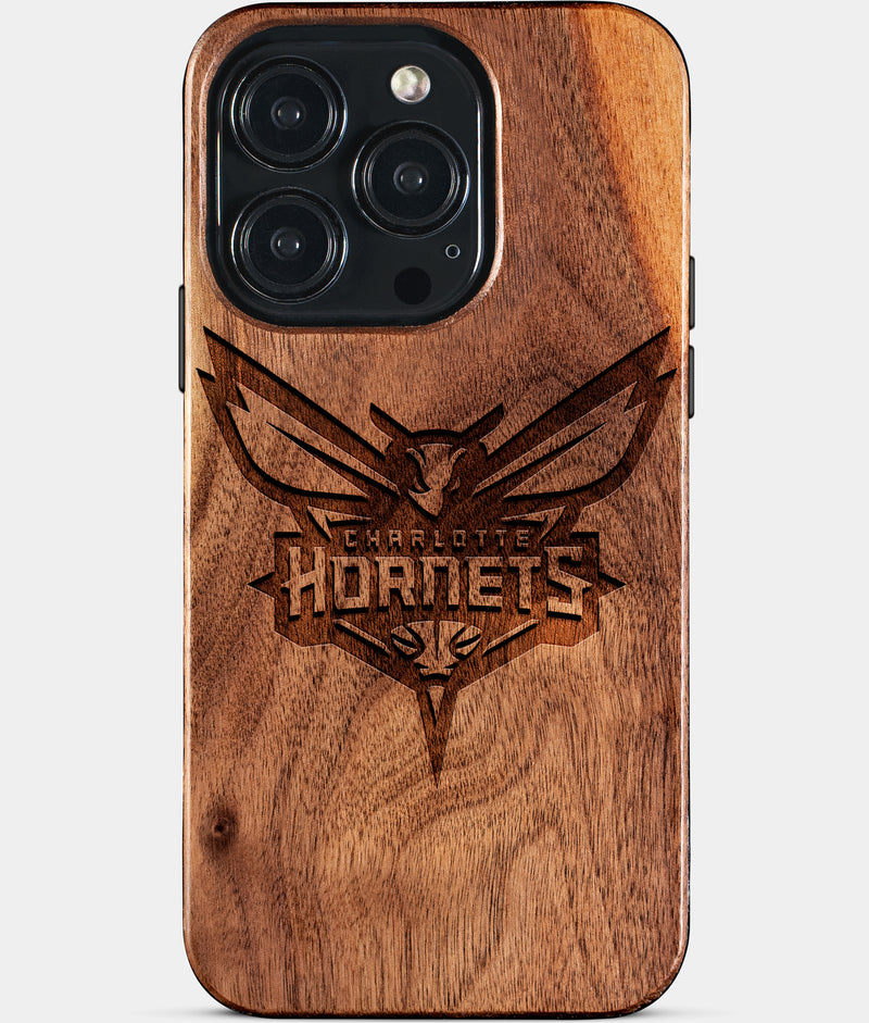 Eco-friendly Charlotte Hornets iPhone 15 Pro Case - Carved Wood Custom Charlotte Hornets Gift For Him - Monogrammed Personalized iPhone 15 Pro Cover By Engraved In Nature