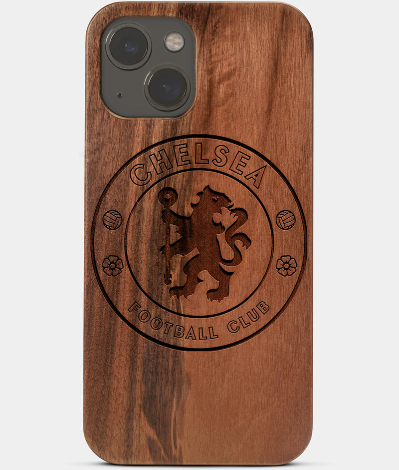 Carved Wood Chelsea F.C. iPhone 13 Case | Custom Chelsea F.C. Gift, Birthday Gift | Personalized Mahogany Wood Cover, Gifts For Him, Monogrammed Gift For Fan | by Engraved In Nature