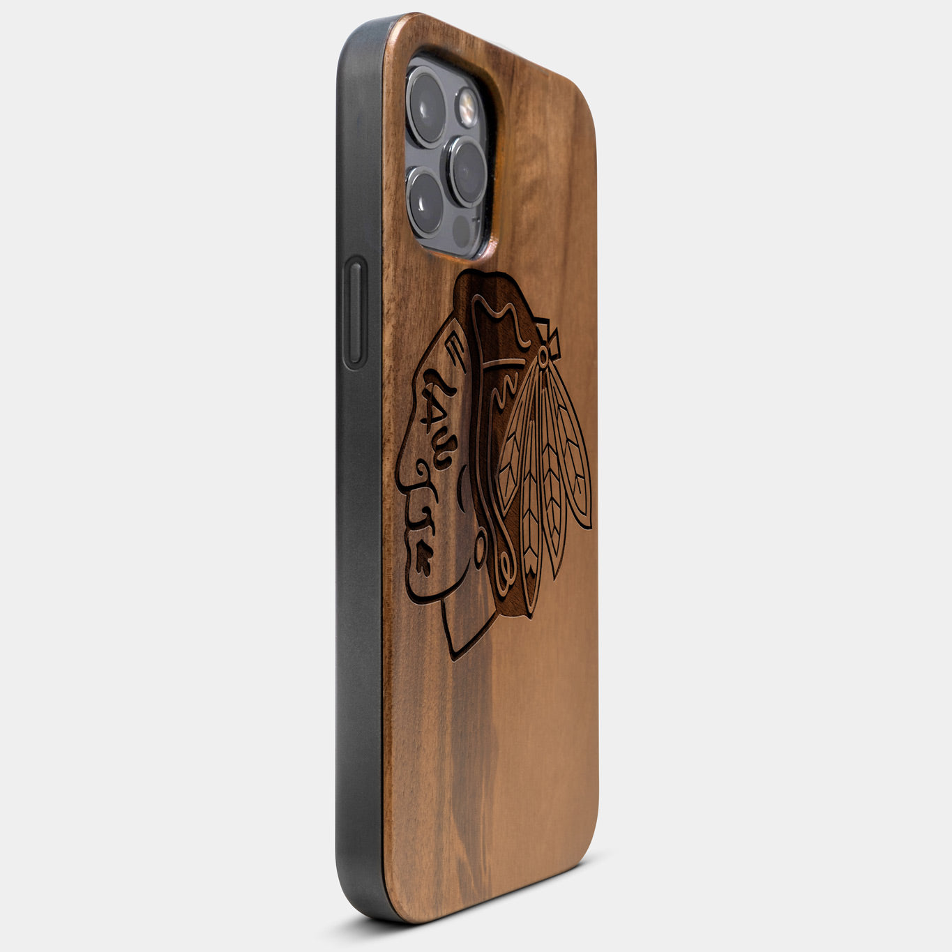 Best Wood Chicago Blackhawks iPhone 13 Pro Case | Custom Chicago Blackhawks Gift | Walnut Wood Cover - Engraved In Nature