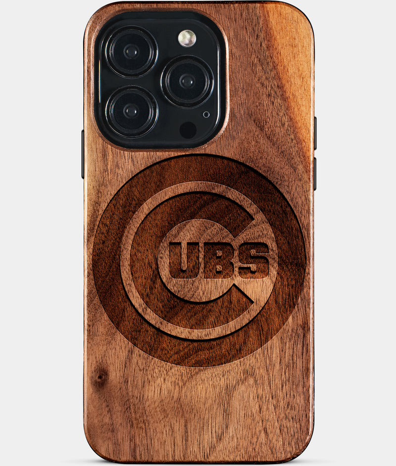 Eco-friendly Chicago Cubs iPhone 15 Pro Case - Carved Wood Custom Chicago Cubs Gift For Him - Monogrammed Personalized iPhone 15 Pro Cover By Engraved In Nature