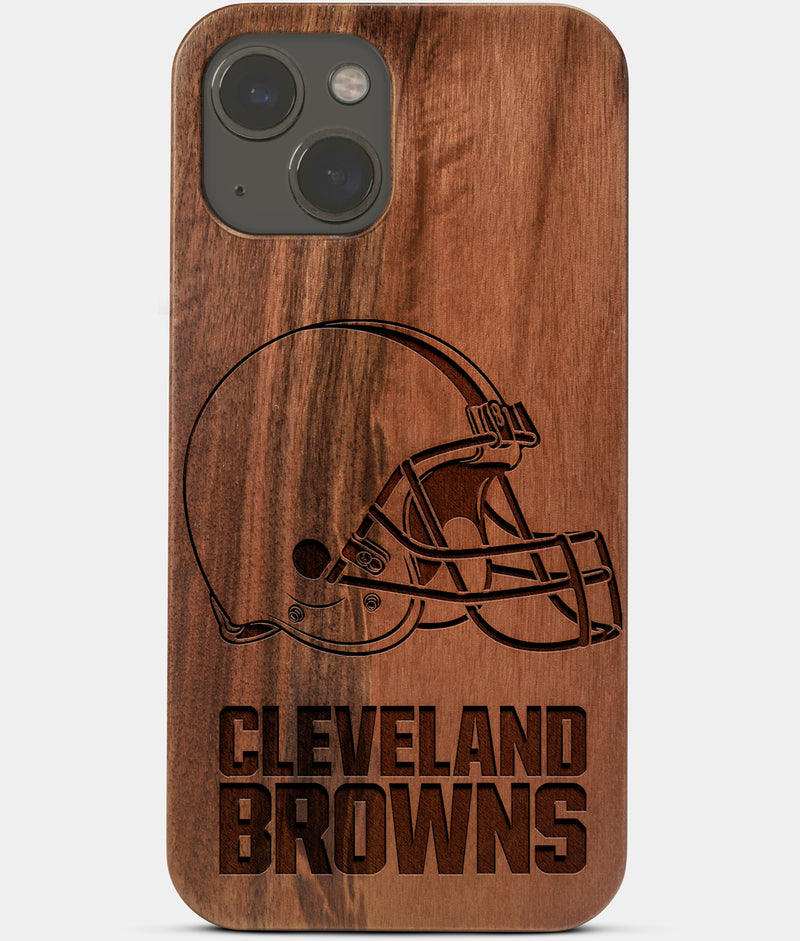 Carved Wood Cleveland Browns iPhone 13 Mini Case | Custom Cleveland Browns Gift, Birthday Gift | Personalized Mahogany Wood Cover, Gifts For Him, Monogrammed Gift For Fan | by Engraved In Nature