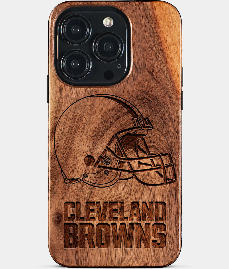 Eco-friendly Cleveland Browns iPhone 15 Pro Case - Carved Wood Custom Cleveland Browns Gift For Him - Monogrammed Personalized iPhone 15 Pro Cover By Engraved In Nature